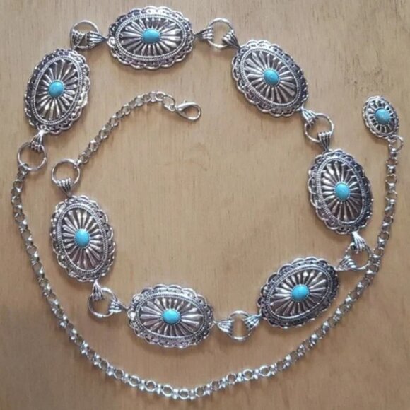 Flower Turquoise style Chain concho Waist Belt nwot main image 5